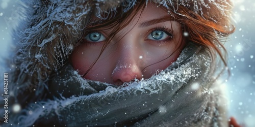 Winter girl portrait of a blue-eyed girl in a hat and scarf close up photo