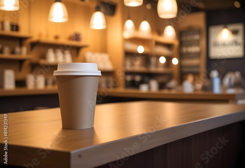 A paper coffee cup on a wooden counter in a cafe  with blurred shelves and lighting fixtures in the background