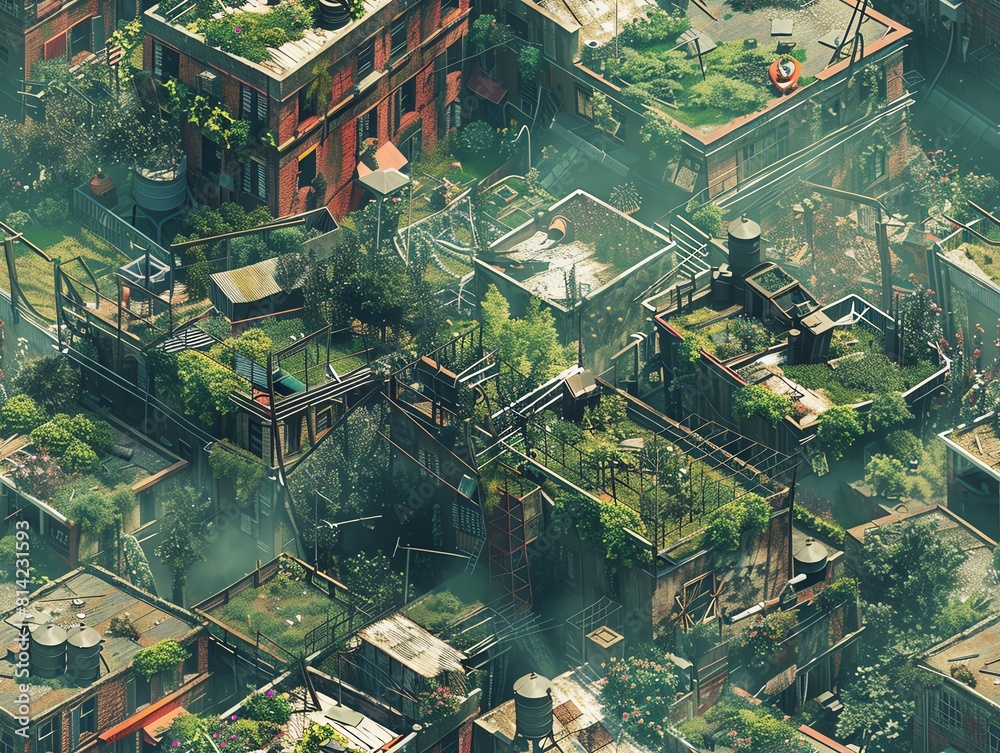 Illustrate a dystopian cityscape from a birds eye view