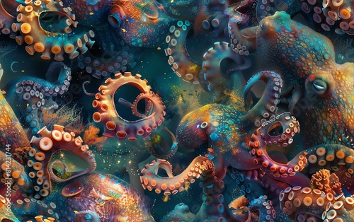 Immerse in a coral reef teeming with shimmering illusions, an octopus morphs into emotions, captured from a dizzying overhead angle © panyawatt