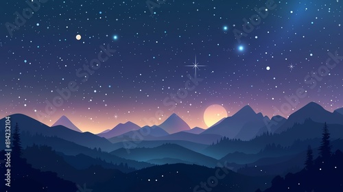 Night sky flat design side view, stargazing theme, cartoon drawing, vivid