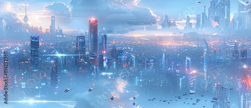 Capture a futuristic cityscape at eye-level, featuring sleek buildings, holographic displays & flying vehicles Use a digital CG 3D technique to infuse a sense of awe & innovation