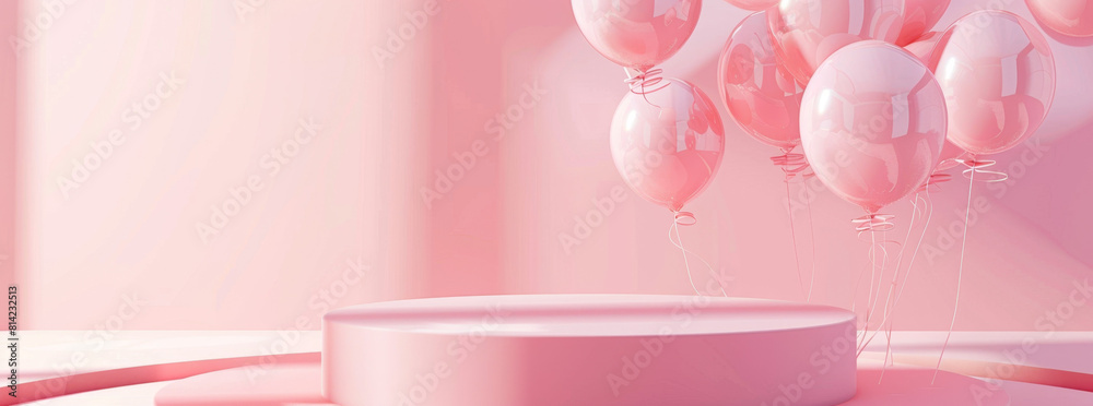 A pink podium with balloons and a light background for a product presentation, mockup, banner with soft pastel colors, high details, high resolution photography with natural lighting