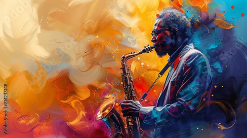 Visualize a jazz saxophonist in midperformance, vibrant notes depicted as colorful swirls around him, set against a banner with copy space