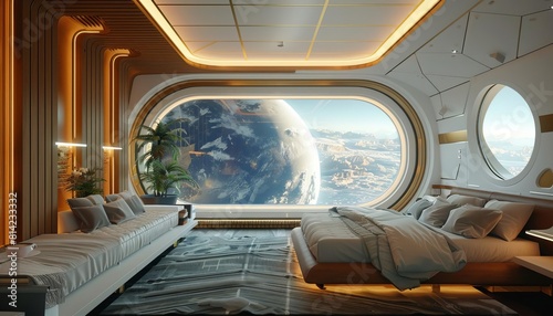 Fototapeta Naklejka Na Ścianę i Meble -  Visualize a luxurious space hotel orbiting Earth, with large viewing windows showing the planet below