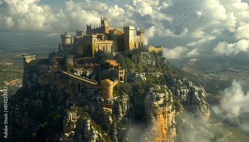 Visualize a medieval castle perched atop a rocky cliff, its imposing walls and turrets looming over the surrounding countryside photo