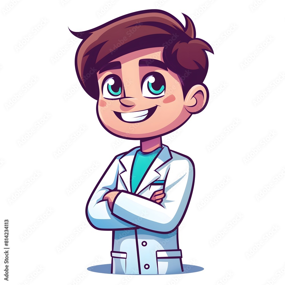 Cheerful Young Male Dentist Cartoon Character in White Lab Coat, Ideal for Dental Clinics Promotions and Children’s Dental Health Education Cheerful Young Male Dentist Cartoon Character in White Lab Coat, Ideal for Dental Clinics Promotions and Children’s Dental Health Education