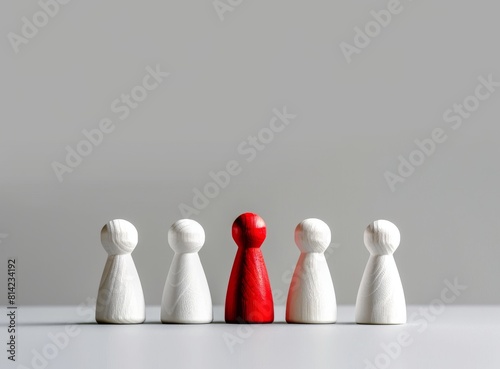 White wooden people standing on the table, among them there is one red person who stands out from all others.