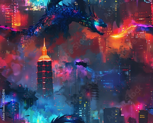 Capture the intricate scales of a majestic dragon perched on a skyscraper  gleaming under neon lights with a silhouette of flying cars in the background