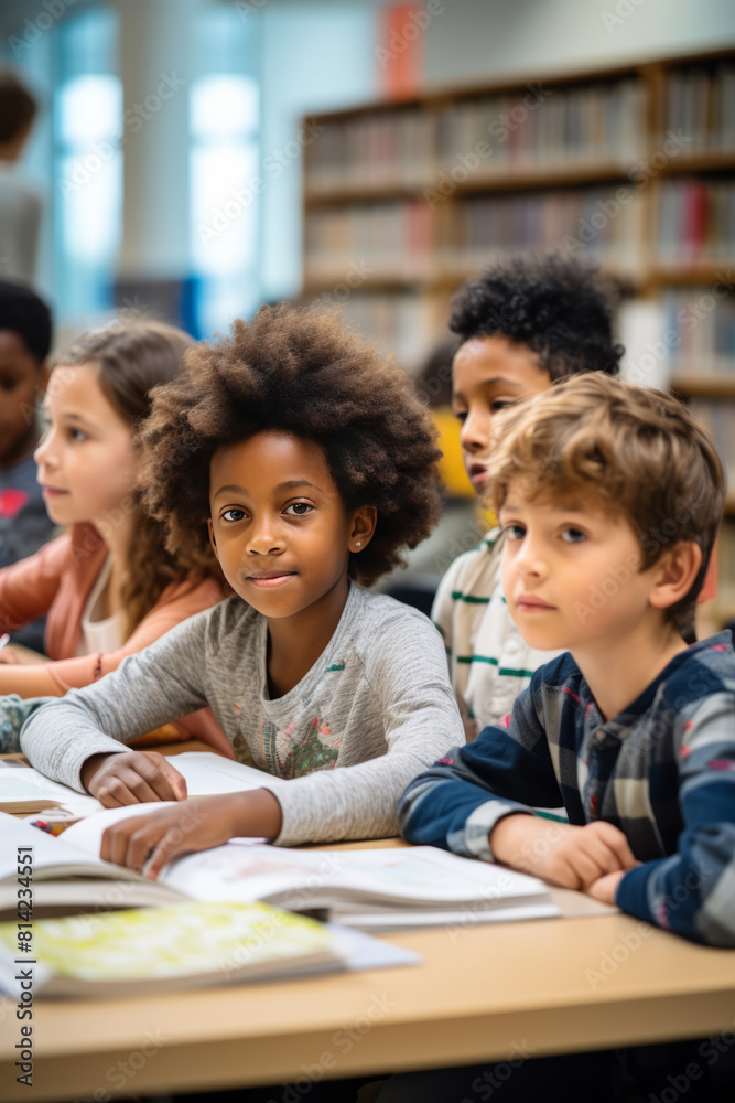 Group of happy kids with books smiling together in a library, showcasing friendship and diversity