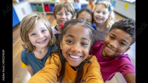 Group of Children Taking a Selfie in a Classroom