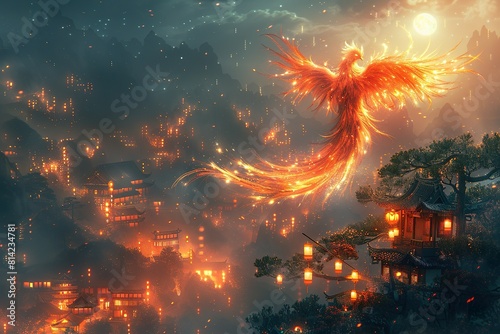 A surreal image of a Phoenix with shimmering feathers  dominating the scene over a city lit by moonlight