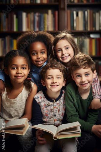 Group of happy kids with books smiling together in a library setting, showcasing friendship and diversity