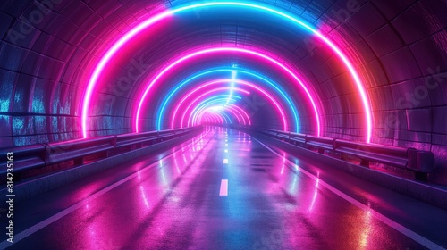 Underground corridor illuminated by colorful fluorescent lights. Created with generative AI.