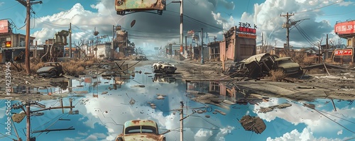 Craft a panoramic view of a post-apocalyptic wasteland