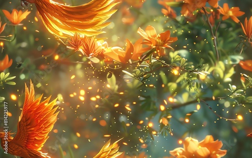 Craft a stunning CG 3D animation featuring a majestic Phoenix soaring in a lush