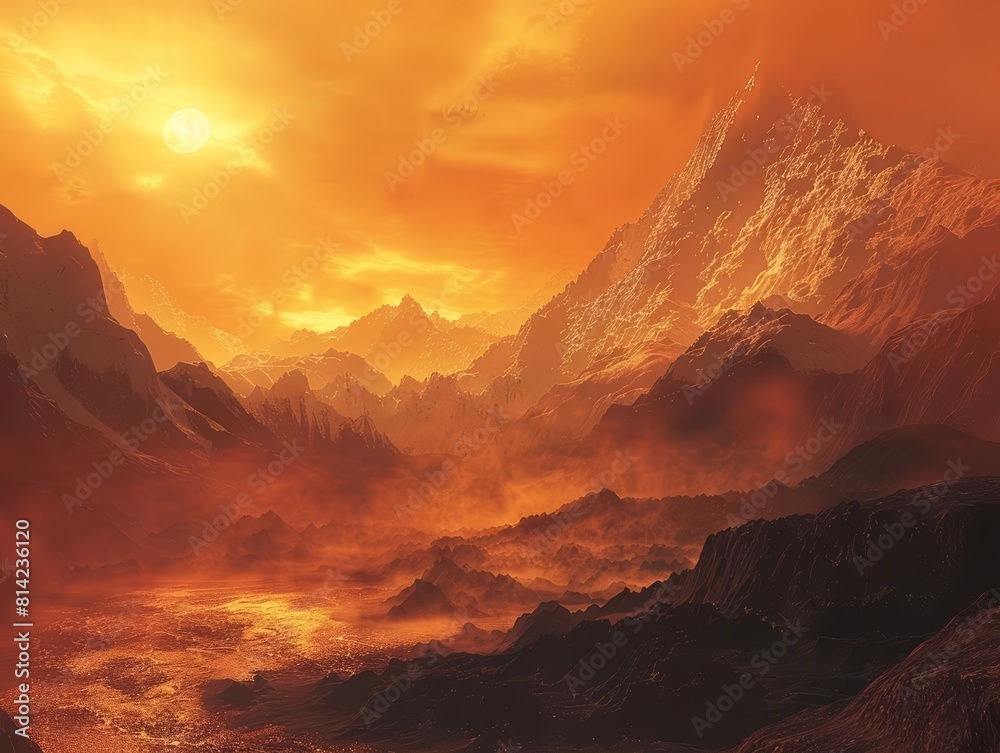 Naklejka premium A massive earthquake left the Himalayas isolated in a red mist, signaling the end, in a scifi photo with blurry background, sharpen banner