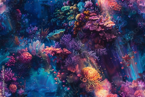 Dive into surreal depths with a mesmerizing underwater world  where vibrant corals twist into alien shapes  illuminated by rays of iridescent light
