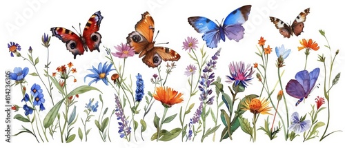 A set of watercolor drawings of various butterflies amidst wildflowers  depicting the beauty and importance of pollinators  clipart isolated on white