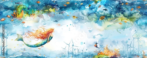 Illustrate a captivating watercolor artwork of a graceful Mermaid gracefully diving into an ocean filled with floating wind turbines photo