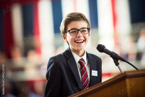 Confident young student in a suit speaking at a podium participating in a debate competition