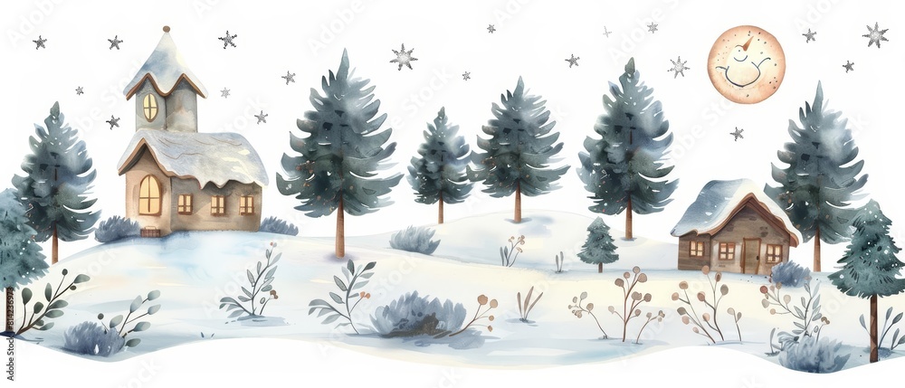 A set of watercolor of winter scenes, capturing snowy landscapes and cozy cabins under starry skies Clipart isolated concept minimal with white background