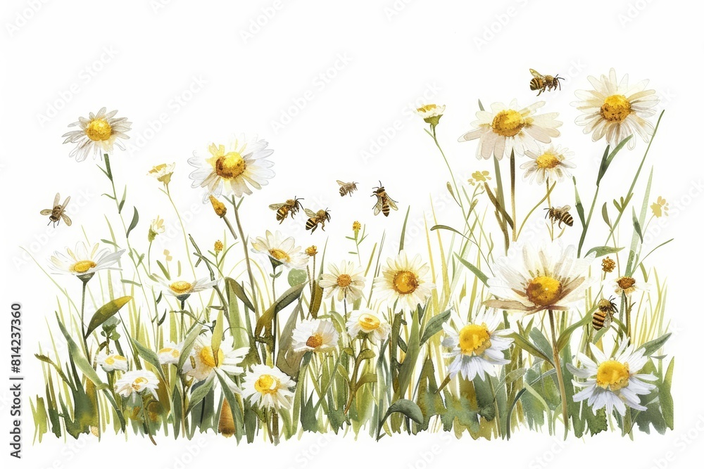 A watercolor of a meadow filled with daisies and honeybees, depicting the process of pollination and the critical role of bees in sustaining plant life, isolated on white A watercolor of a meadow filled with daisies and honeybees, depicting the process of pollination and the critical role of bees in sustaining plant life, isolated on white