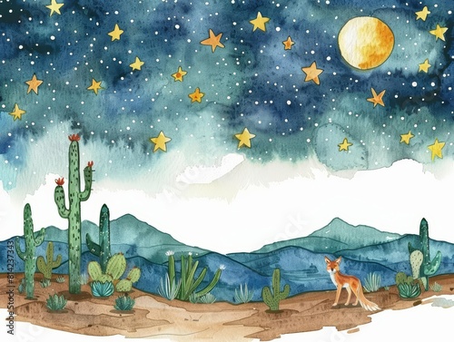 A watercolor of a desert scene with cacti and a coyote under a starry sky, illustrating the adaptation of life in arid conditions, clipart isolated on white photo