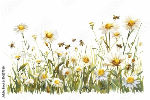 A watercolor of a meadow filled with daisies and honeybees, depicting the process of pollination and the critical role of bees in sustaining plant life, isolated on white