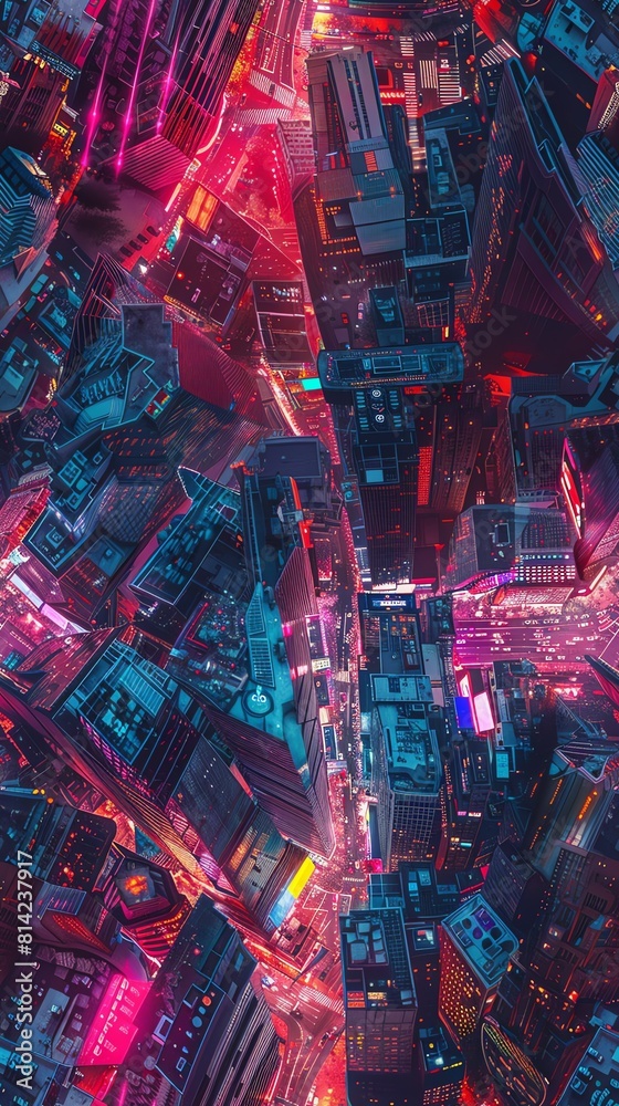 Delight in aerial perspectives of a futuristic cityscape at sundown