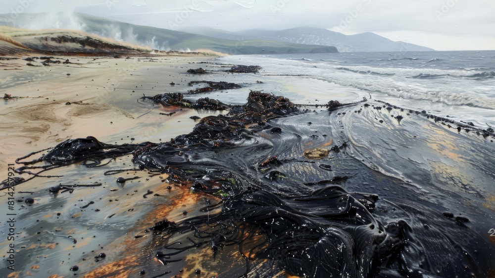 Obraz premium beach covered in oil from an oil spill.