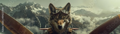 Amazing of a pack animal, a wolf in a vintage aviator outfit, piloting an old propeller plane through misty mountains, with futuristic styles, portrait photo