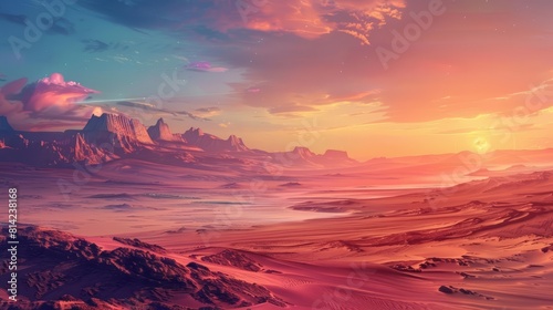 An illustration of landscape fantasy showcasing an expansive desert playa, painted in cyberpunk color, presented as an immersive banner template sharpened with copy space