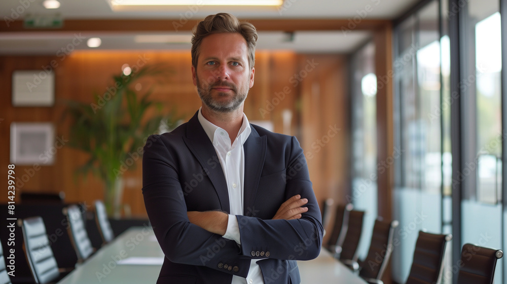 Confident Businessman Standing in Conference Room With Crossed Arms Confident Businessman Standing in Conference Room With Crossed Arms