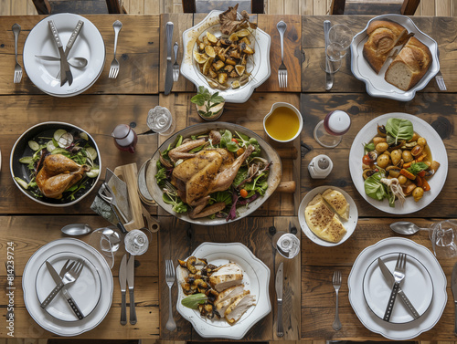 A high-angle shot of a rustic wooden table set for a gourmet dinner, featuring various dishes like roasted chicken, fresh salads, and artisan bread.