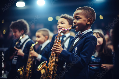 Boy performs on a saxophone in a school band with other children at a music event