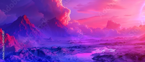Creative amazing view of an enigmatic volcanic area  highlighted in synthwave color  becoming a dynamic landscape painting subject