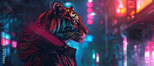 Creative charismatic of a solitary tiger in a sleek spy gear, sneaking through an urban jungle at night, with cyberpunk 80s styles, portrait photo