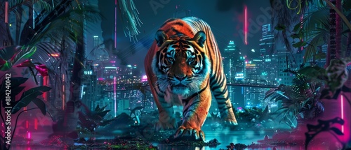 Creative charismatic of a solitary tiger in a sleek spy gear, sneaking through an urban jungle at night, with cyberpunk 80s styles, portrait photo
