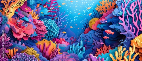 Creative colorful landscape of a vibrant coral reef  portrayed in paper cut styles  ideal for a synth wave visual exploration
