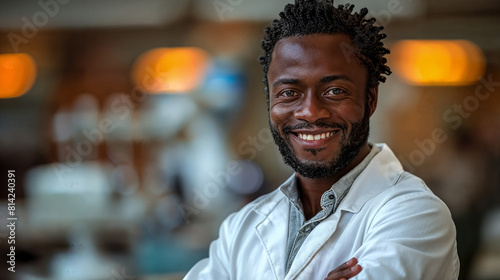 Portrait of an African American researcher or technician in a lab coat standing in a middle of a laboratory.  photo
