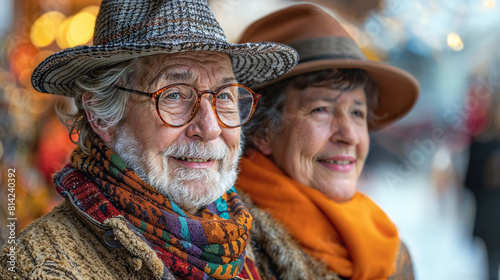 A portrait of an elderly couple outdoors wearing hats.  © lucky
