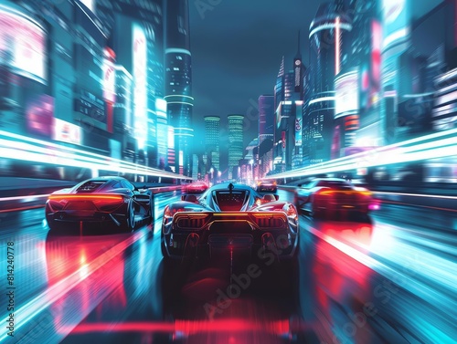 Icon group of sleek sports cars races across a futuristic cityscape with a blur effect, highlighting speed and innovation photo