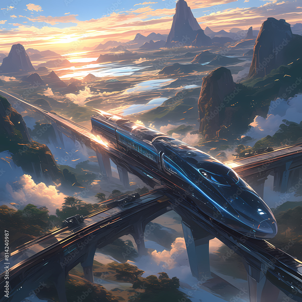 Experience the Thrill of Tomorrow's Transport - A Futuristic Rail Adventure Set Against an Enchanted Mountainous Horizon