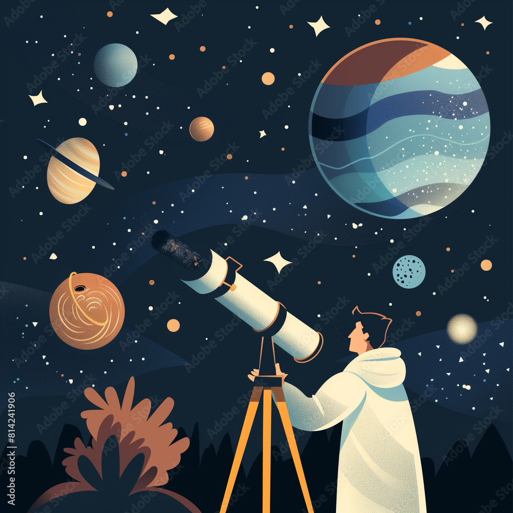 Cosmic Observation: Astronomer Gazing at Star Giants in Vector Flat Design Cosmic Observation: Astronomer Gazing at Star Giants in Vector Flat Design