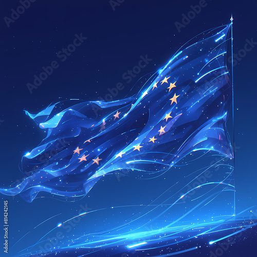 The European Union flag, adorned with stars, represents unity, hope, and the shared aspirations of its member countries. The night sky backdrop emphasizes these values as guiding lights in a world