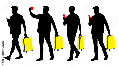 Silhouette of young man tourist with smartphone. Male in casual clothes with a suitcase and tickets. Young male traveler goes on a journey. Vector illustration set isolated on white