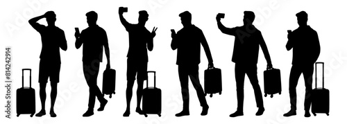 Silhouette of young man tourist with smartphone. Male in casual clothes with a suitcase and tickets. Young male traveler goes on a journey. Vector illustration set isolated on white