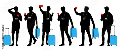 Silhouette of young man tourist with camera and smartphone. Male in casual clothes with a suitcase and tickets. Young male traveler goes on a journey. Vector illustration set isolated on white