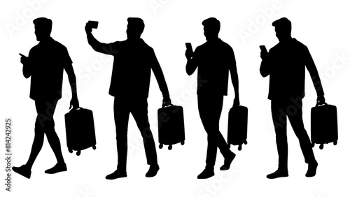 Silhouette of young man tourist with smartphone. Male in casual clothes with a suitcase and tickets. Young male traveler goes on a journey. Vector illustration set isolated on white
